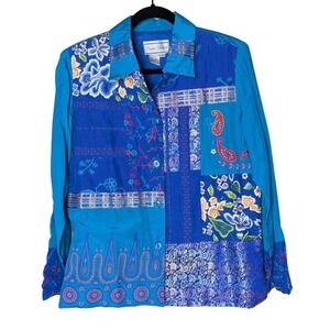 Diane Gilman Silk‎ Blend Embroidered Patchwork Jacket Sz S Blue Multicolor Boho